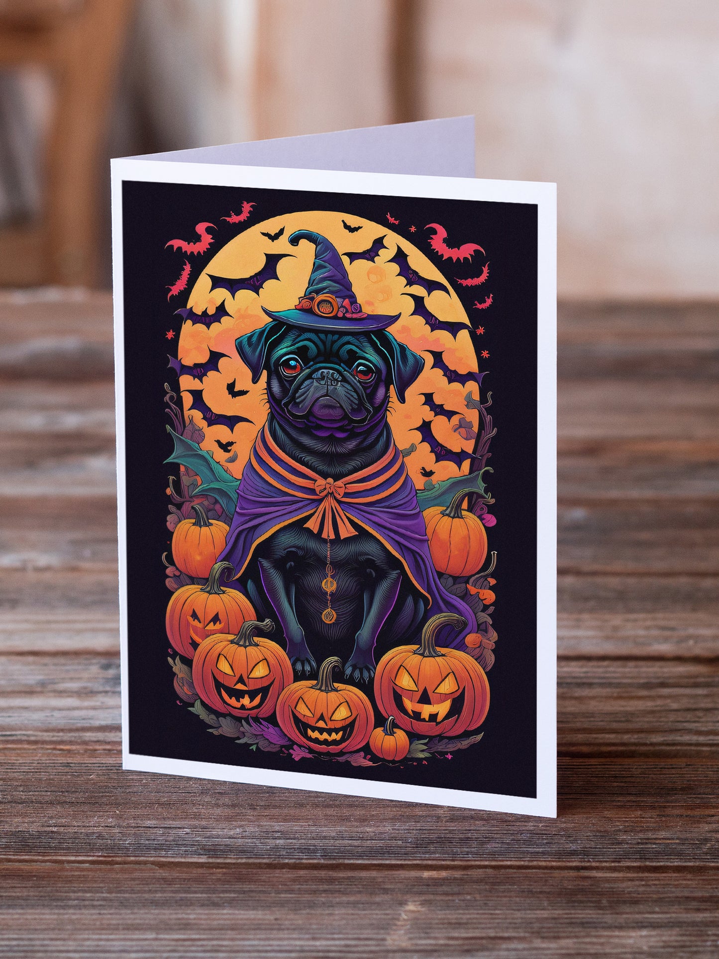 Black Pug Witchy Halloween Greeting Cards Pack of 8