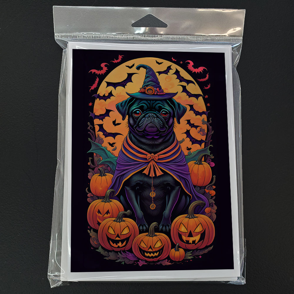 Black Pug Witchy Halloween Greeting Cards Pack of 8