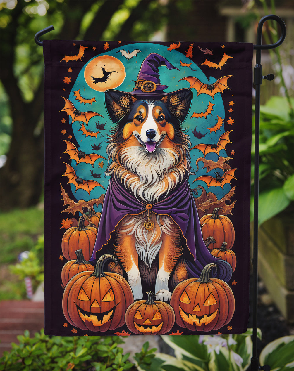 Sheltie Witchy Halloween Garden Flag