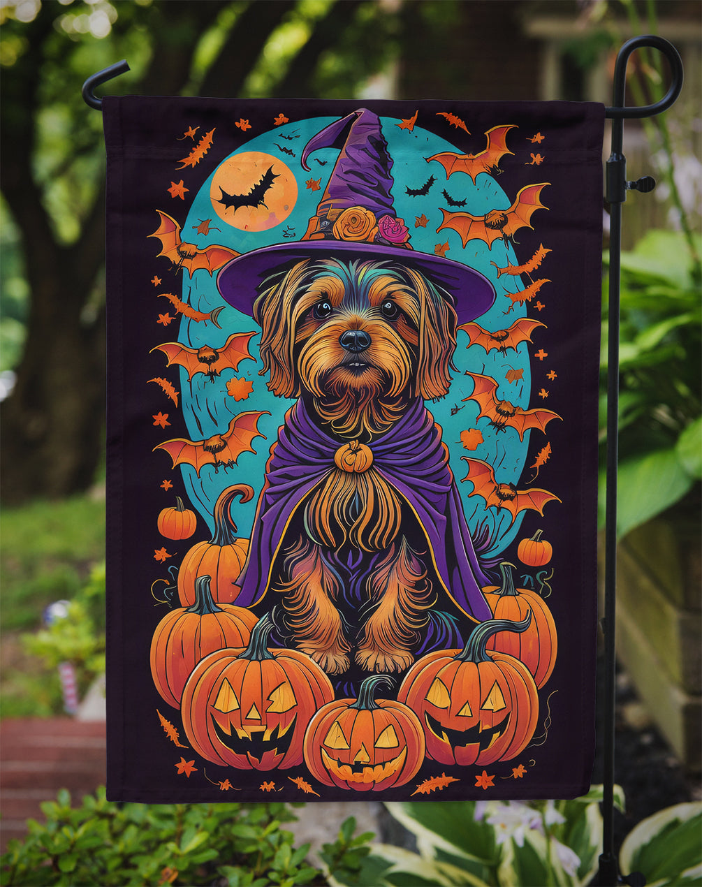 Silky Terrier Witchy Halloween Garden Flag