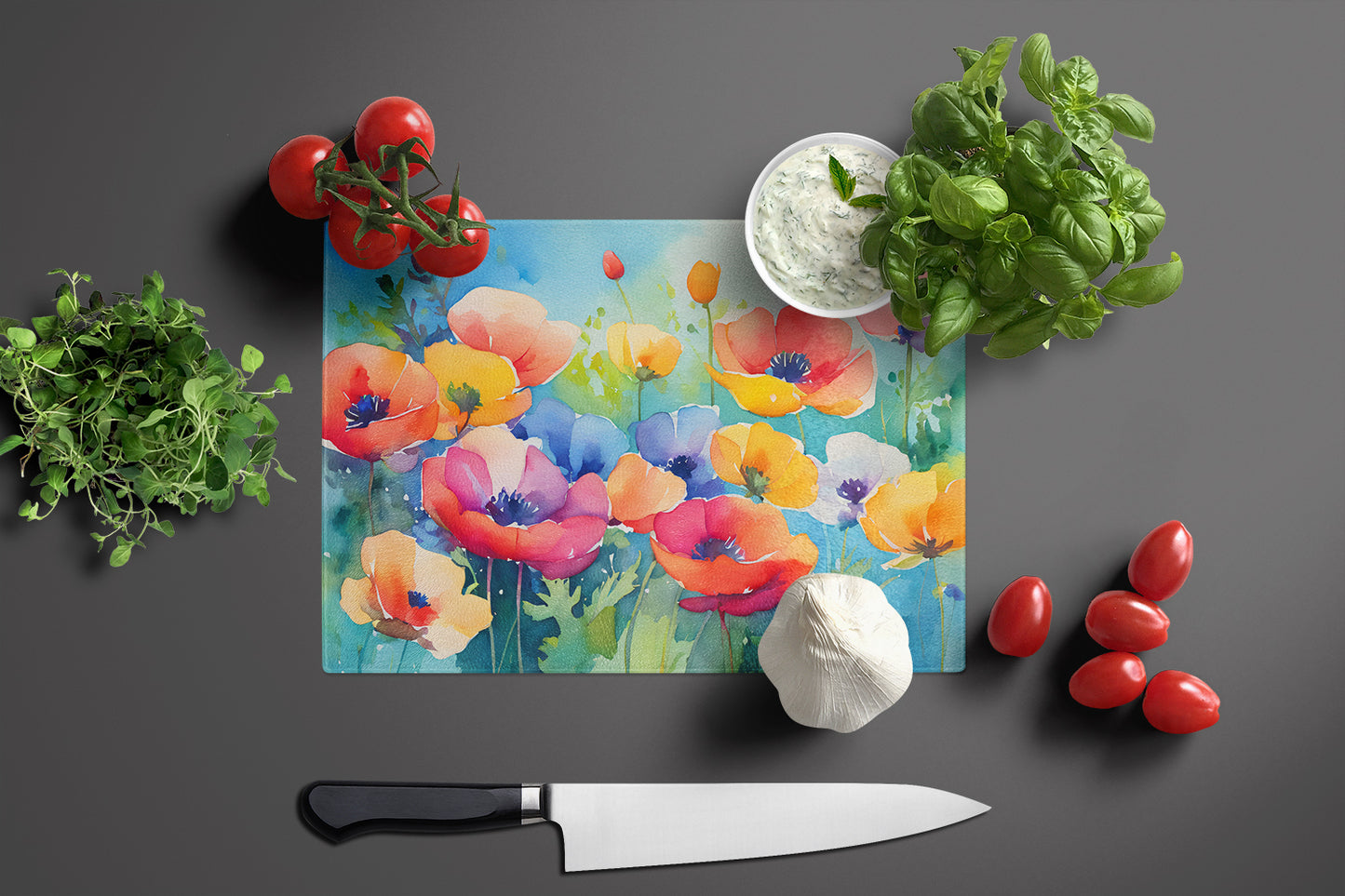 Anemones in Watercolor Glass Cutting Board