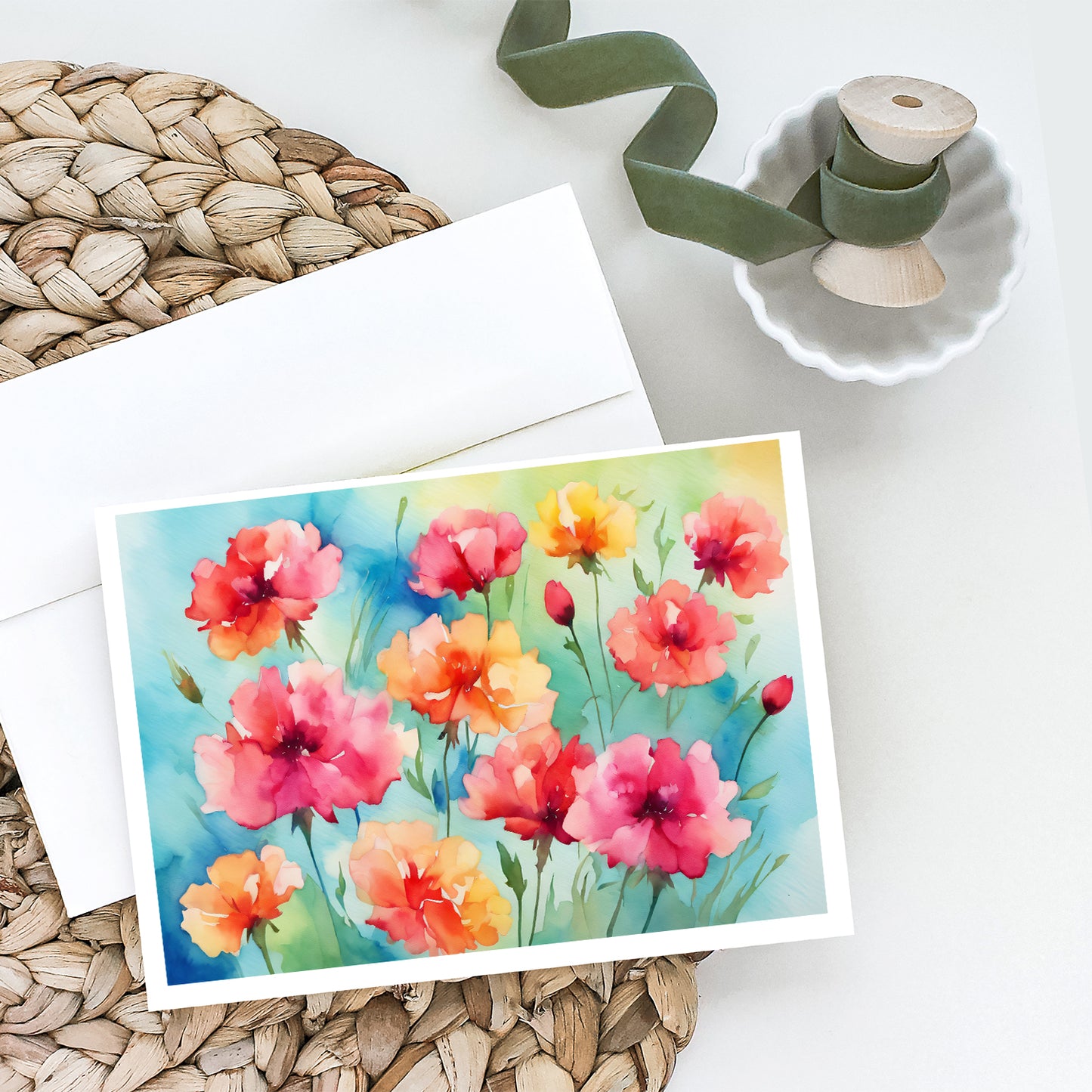 Carnations in Watercolor Greeting Cards Pack of 8