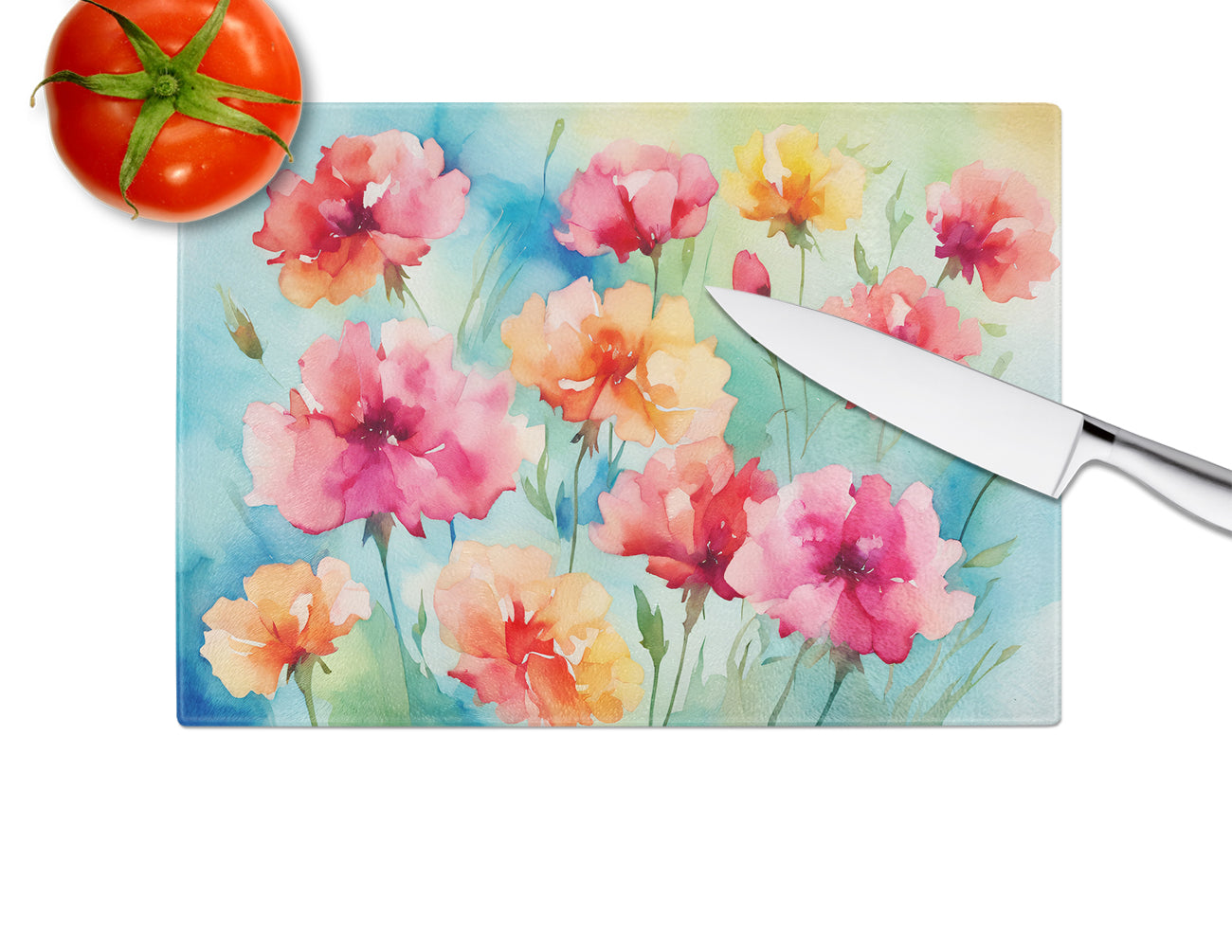 Carnations in Watercolor Glass Cutting Board