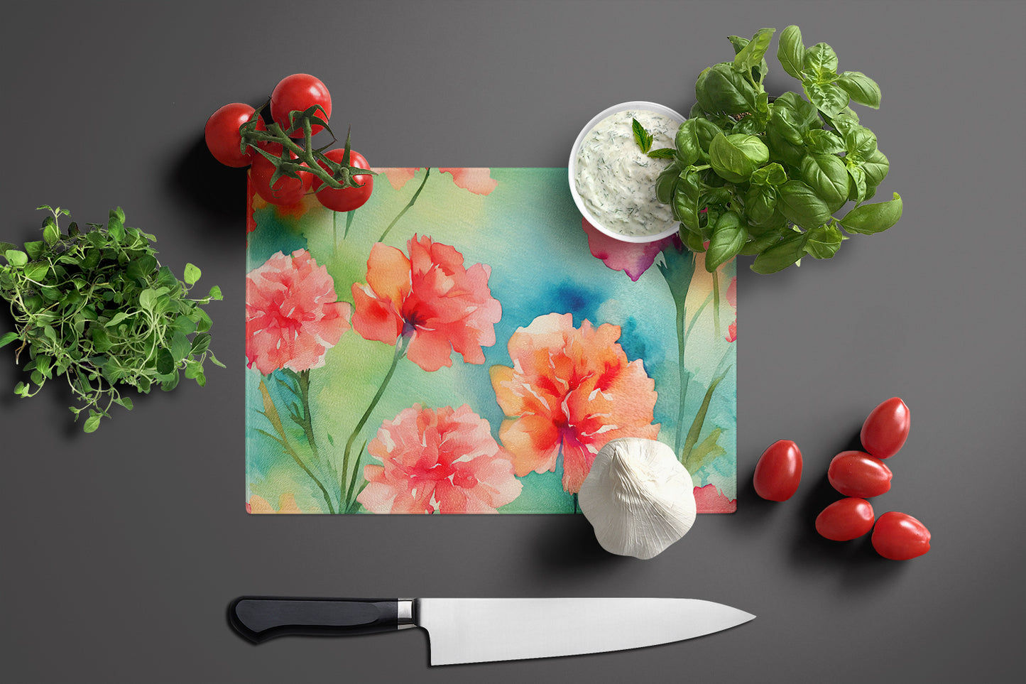 Carnations in Watercolor Glass Cutting Board