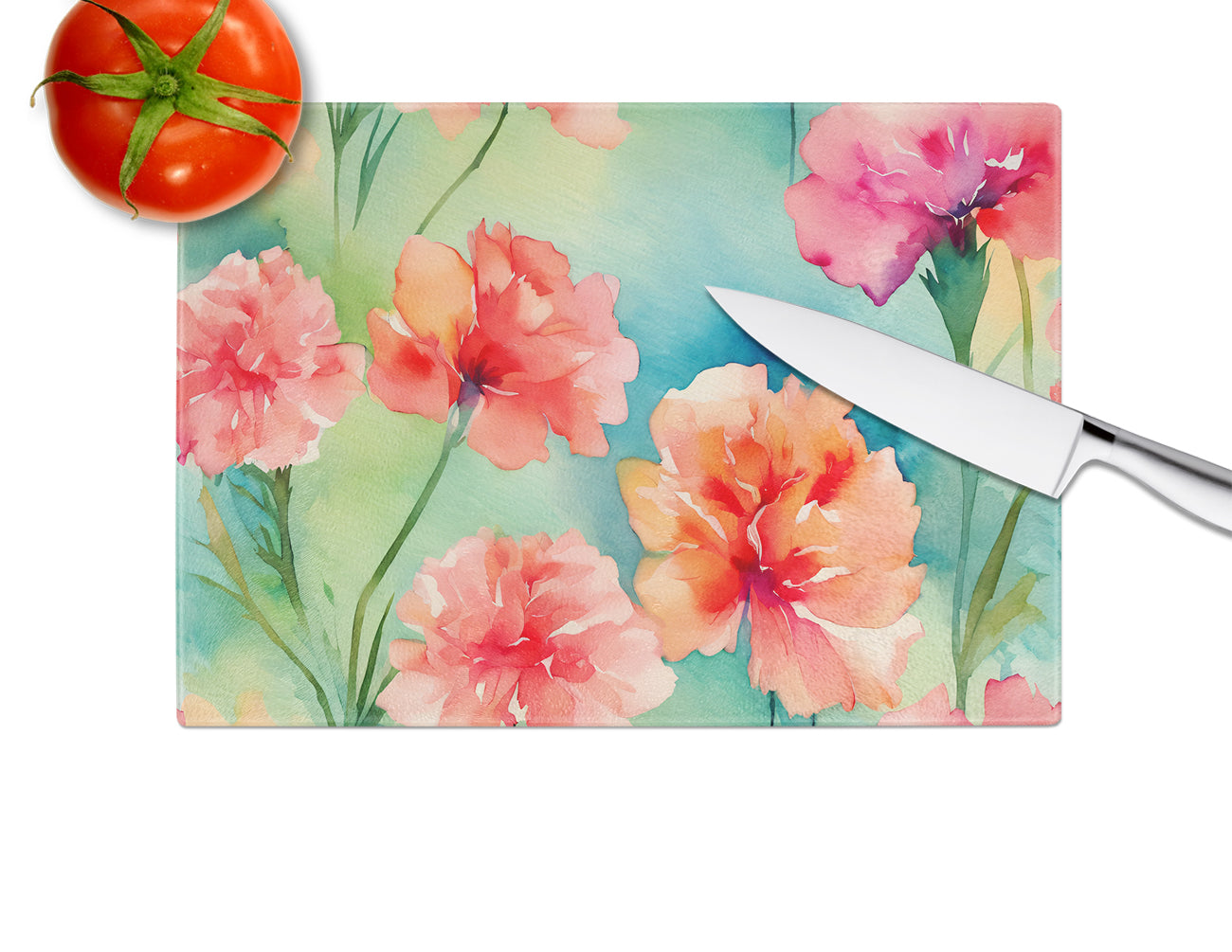 Carnations in Watercolor Glass Cutting Board