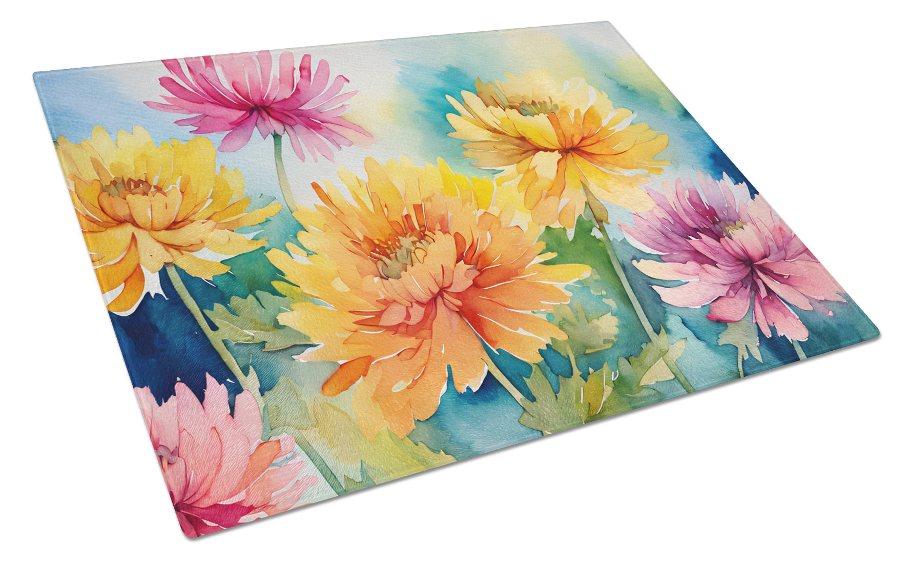 Buy this Chrysanthemums in Watercolor Glass Cutting Board