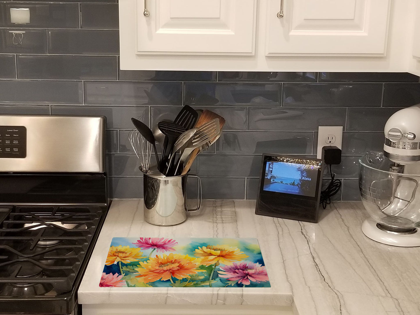 Chrysanthemums in Watercolor Glass Cutting Board