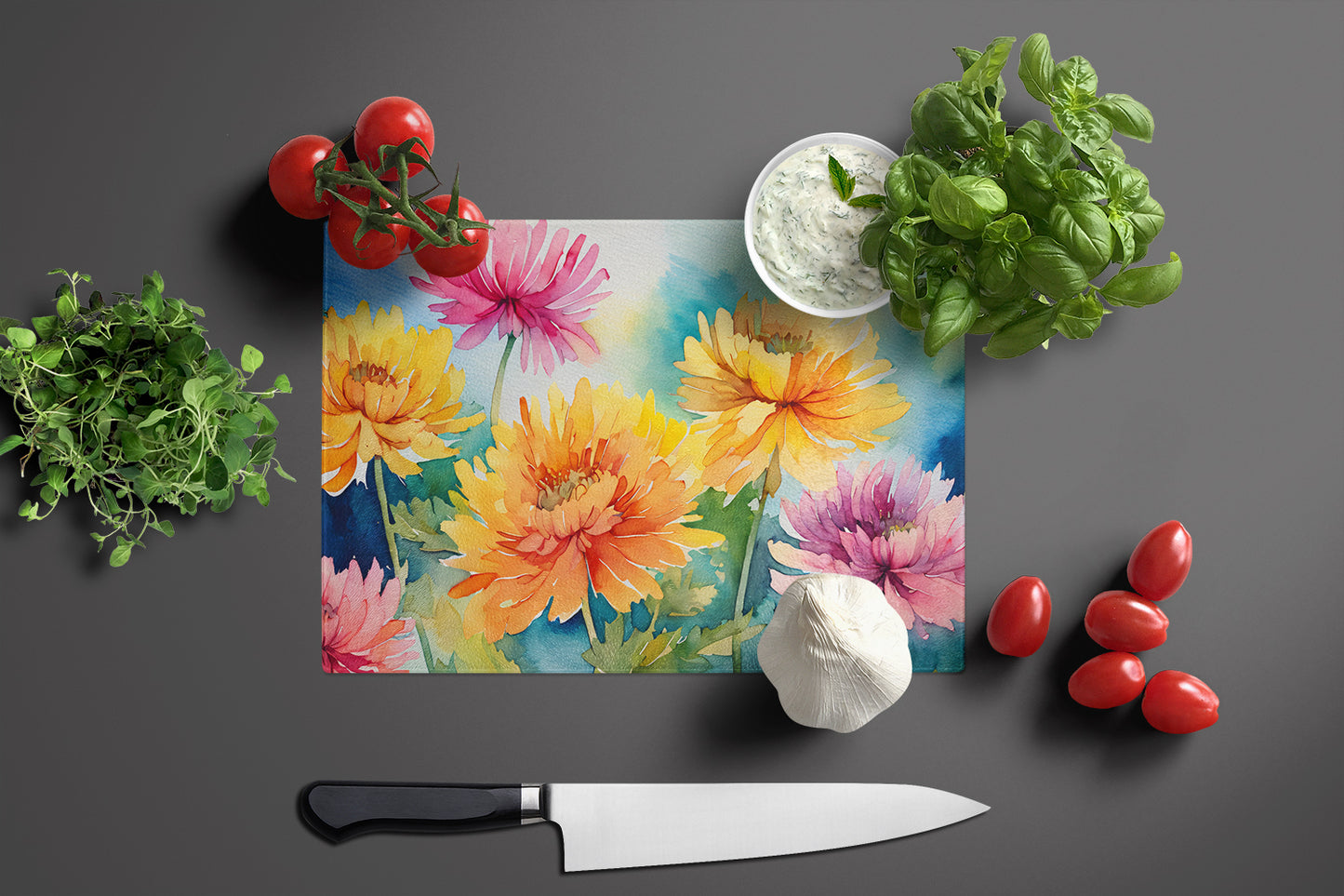 Chrysanthemums in Watercolor Glass Cutting Board