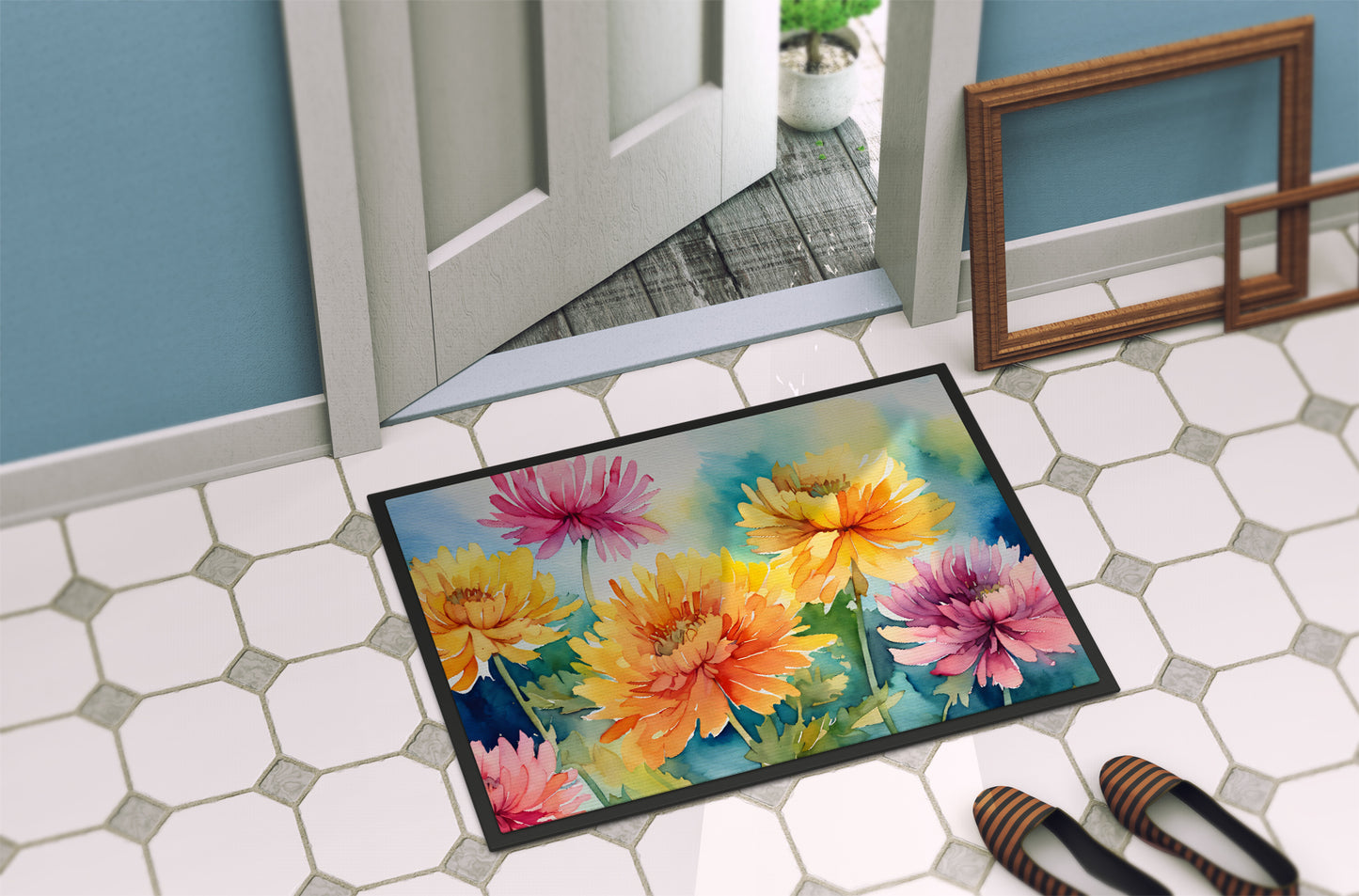 Chrysanthemums in Watercolor Doormat