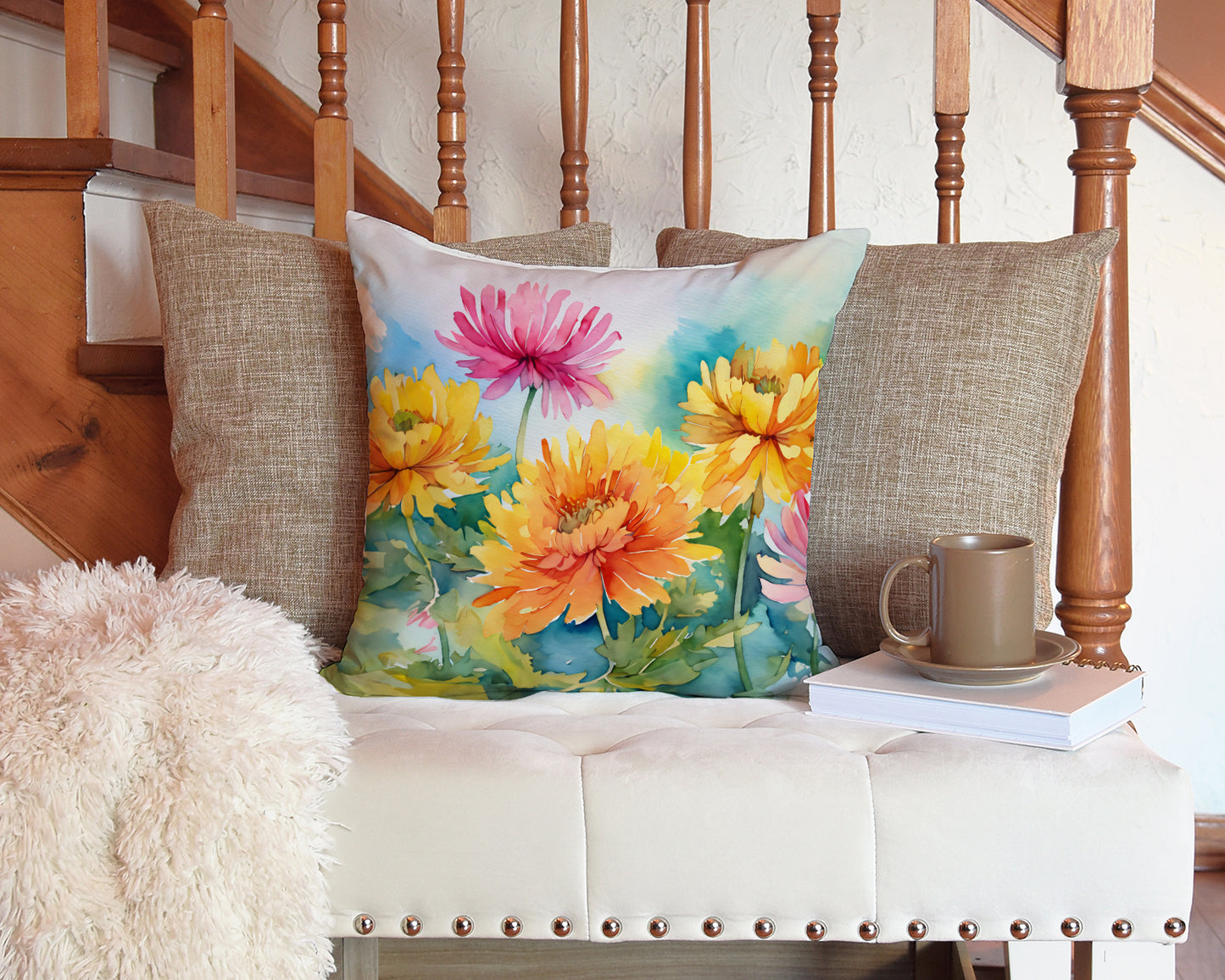 Chrysanthemums in Watercolor Throw Pillow