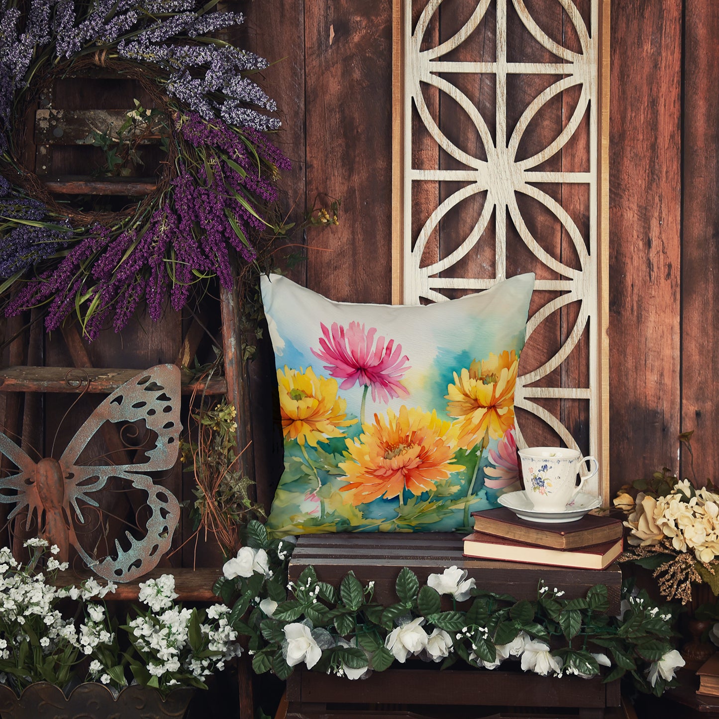 Chrysanthemums in Watercolor Throw Pillow