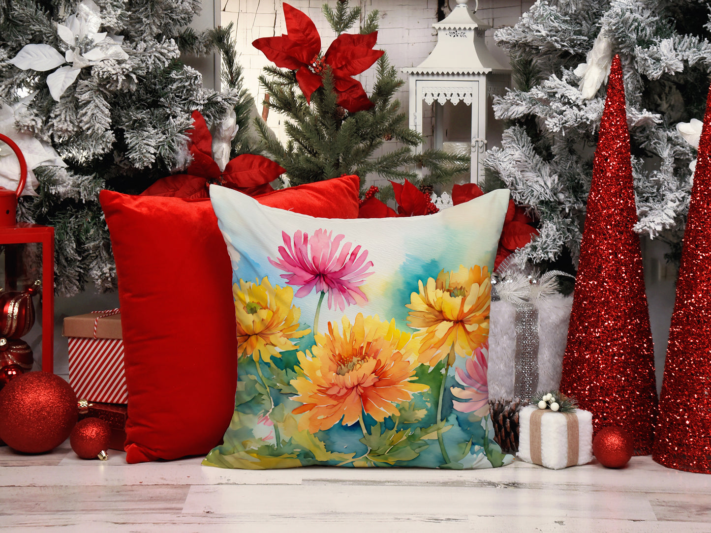 Chrysanthemums in Watercolor Throw Pillow