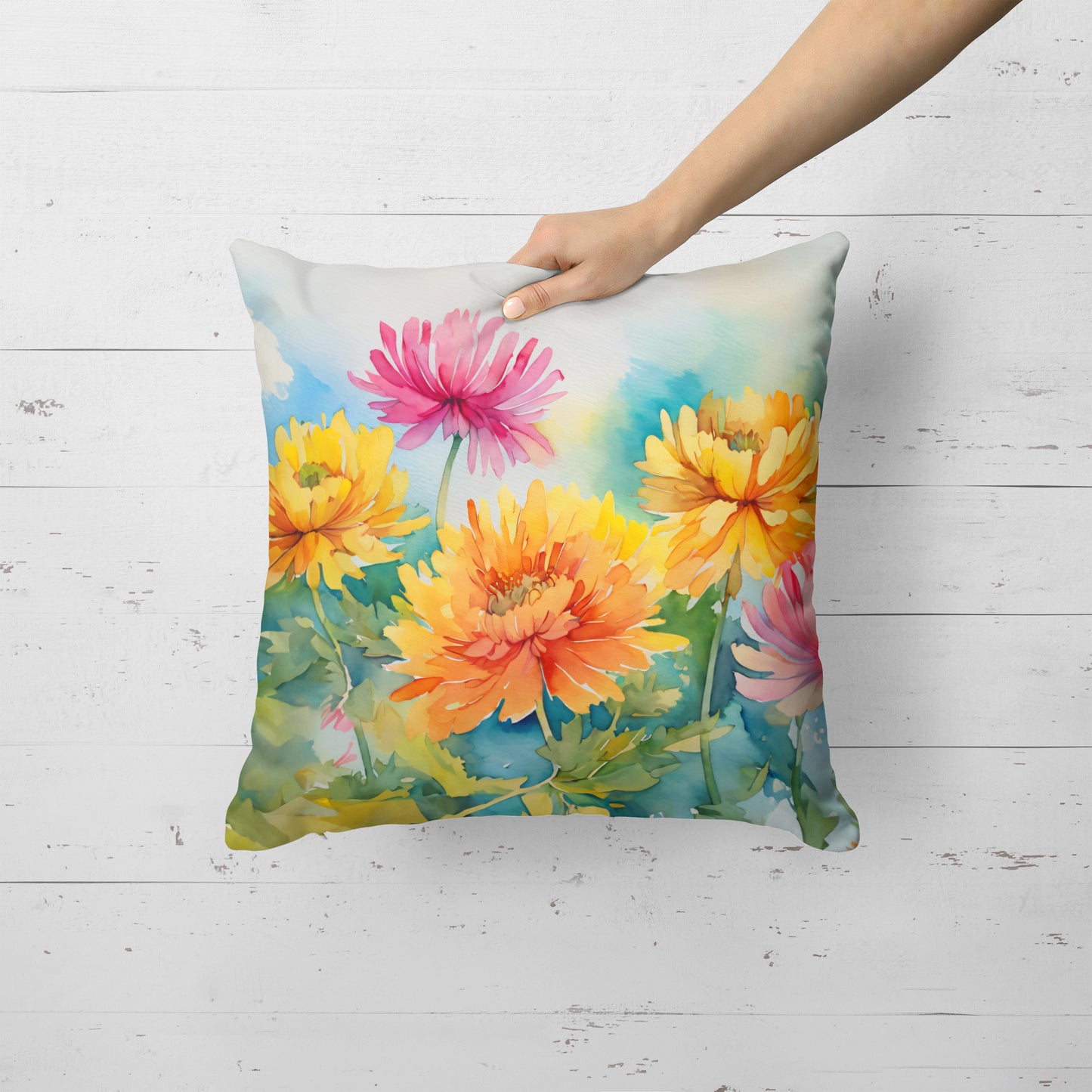 Chrysanthemums in Watercolor Throw Pillow