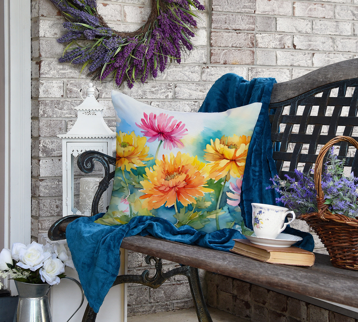 Chrysanthemums in Watercolor Throw Pillow