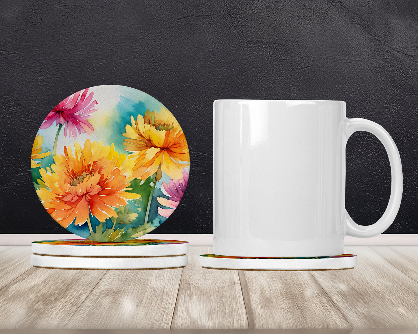 Chrysanthemums in Watercolor Large Sandstone Coasters Pack of 4