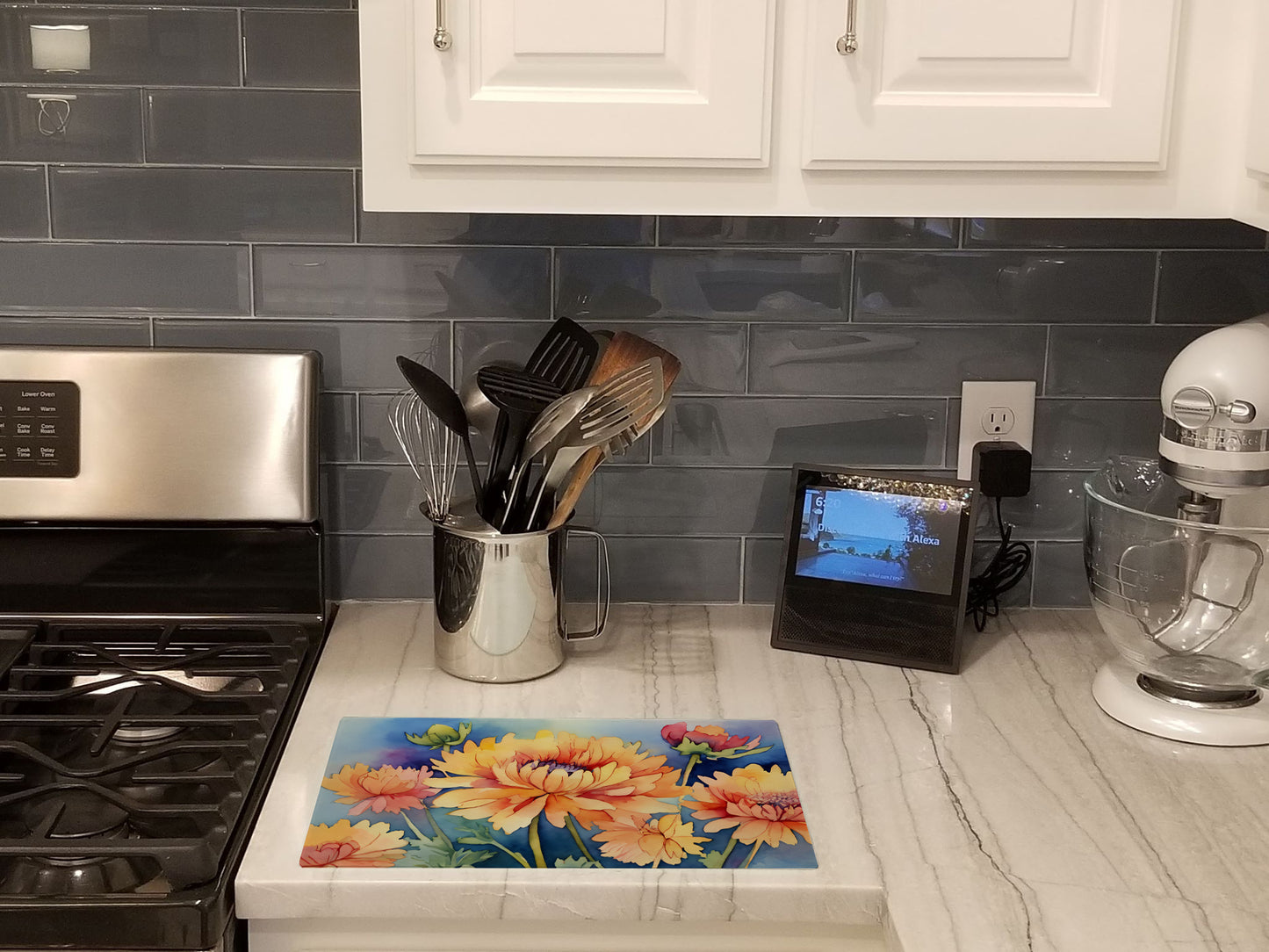 Chrysanthemums in Watercolor Glass Cutting Board