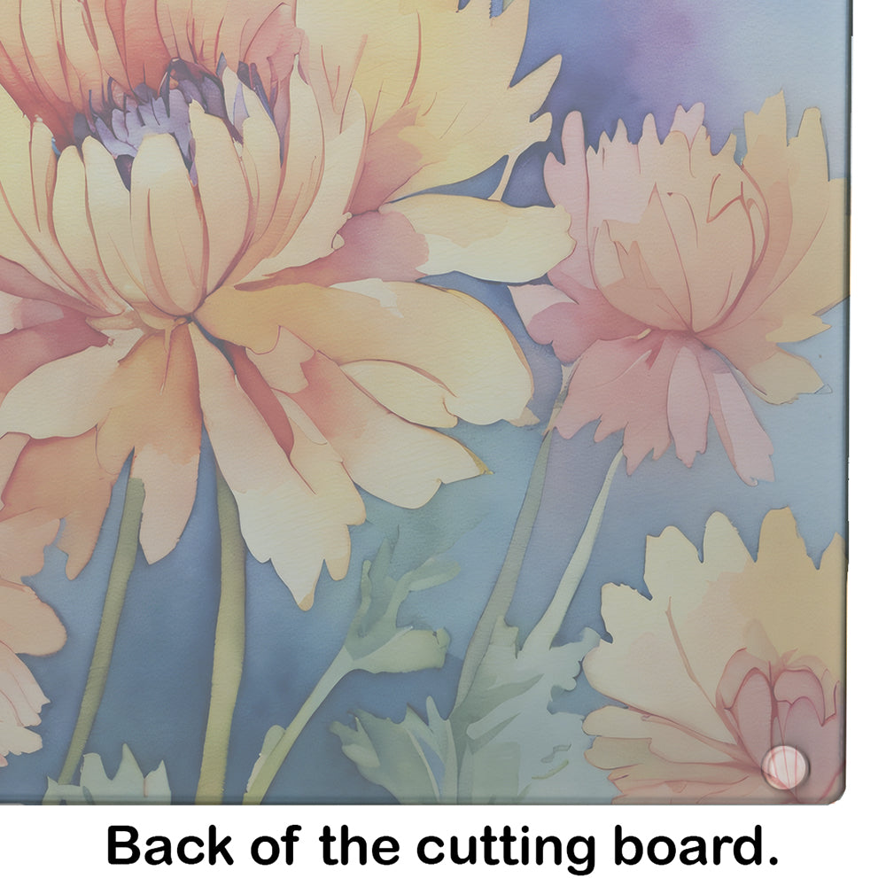 Chrysanthemums in Watercolor Glass Cutting Board