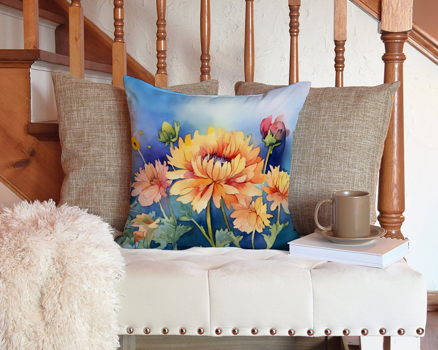 Chrysanthemums in Watercolor Throw Pillow