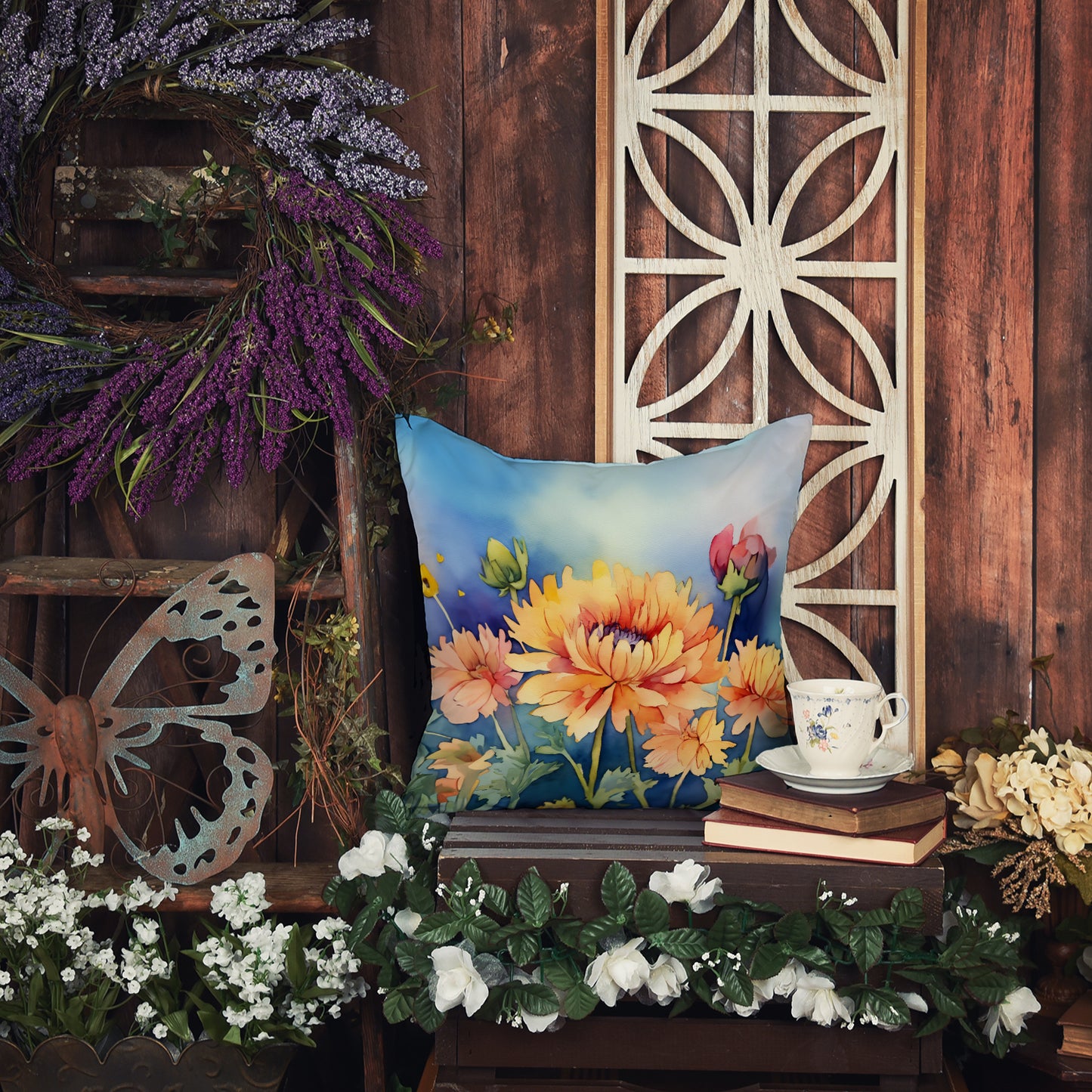 Chrysanthemums in Watercolor Throw Pillow