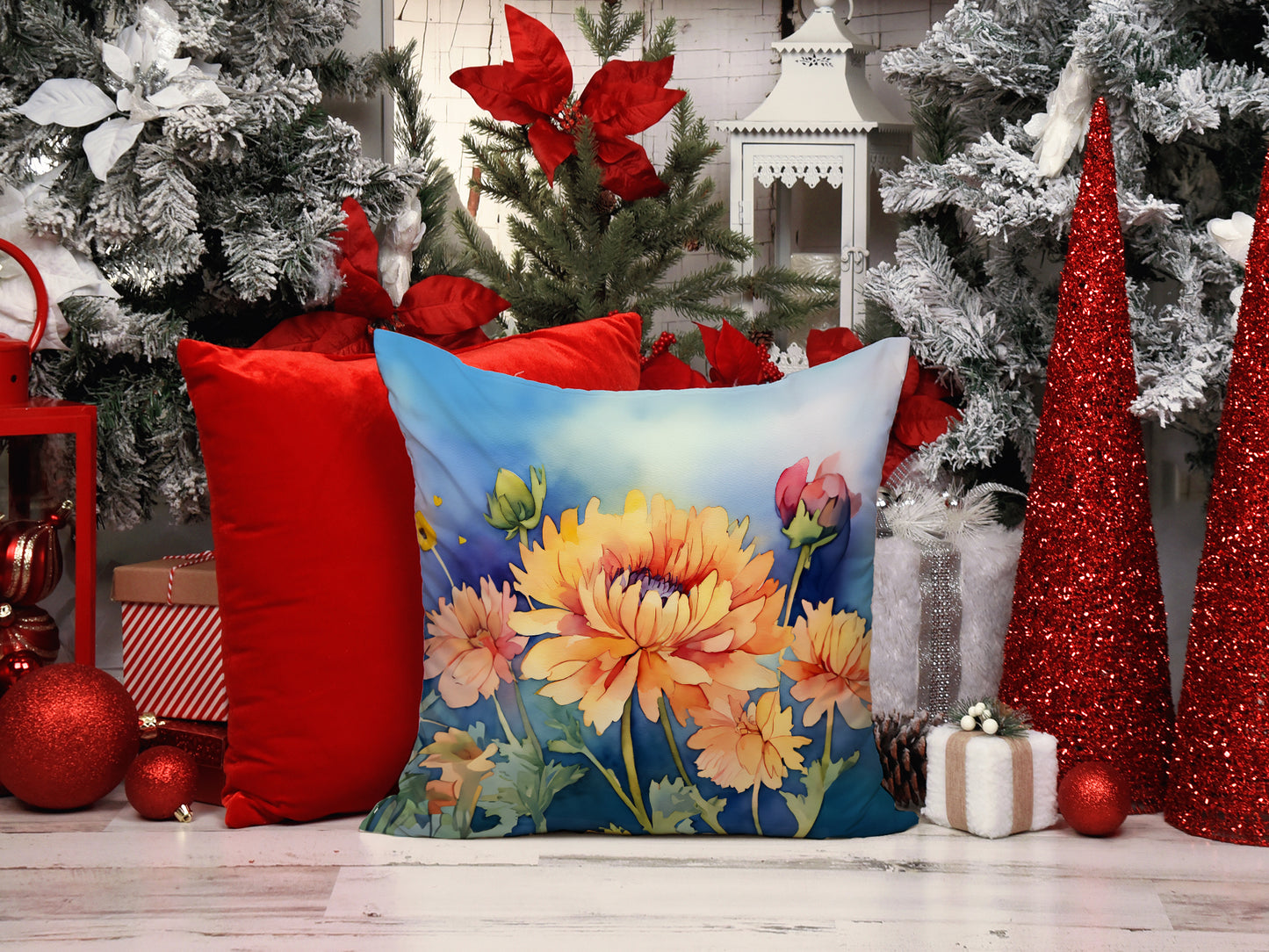 Chrysanthemums in Watercolor Throw Pillow