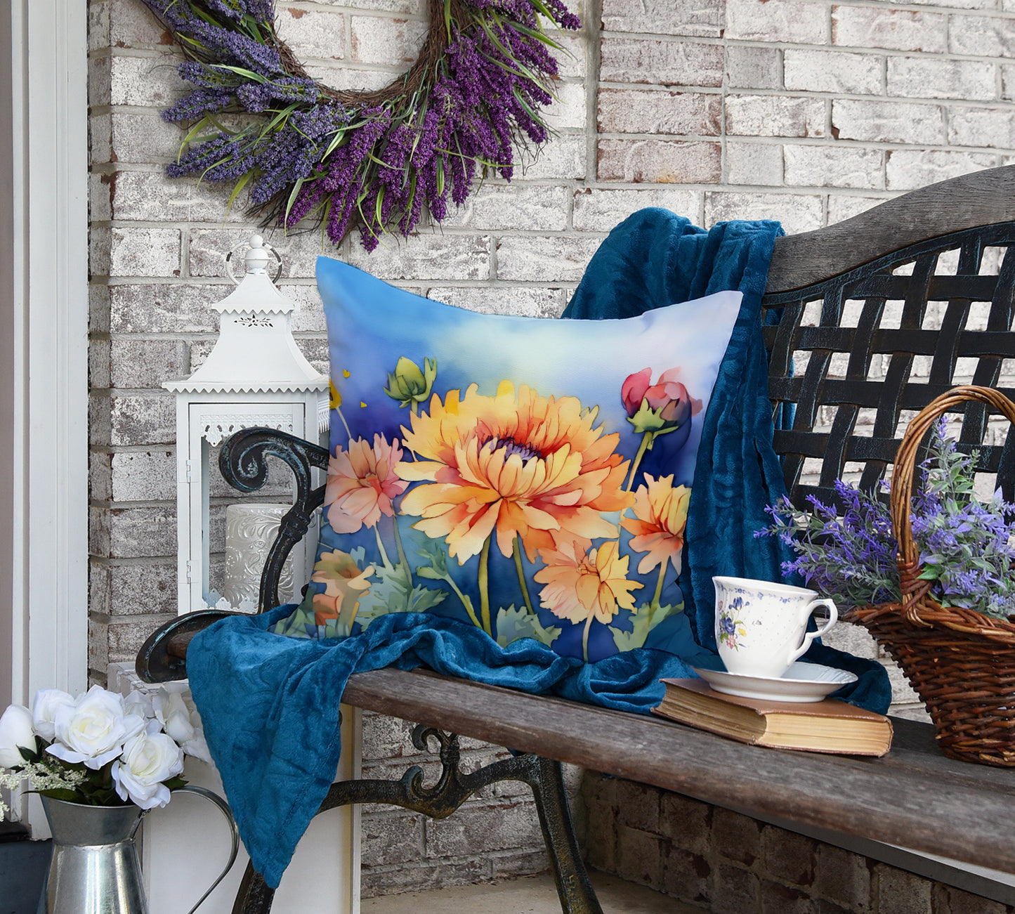 Chrysanthemums in Watercolor Throw Pillow