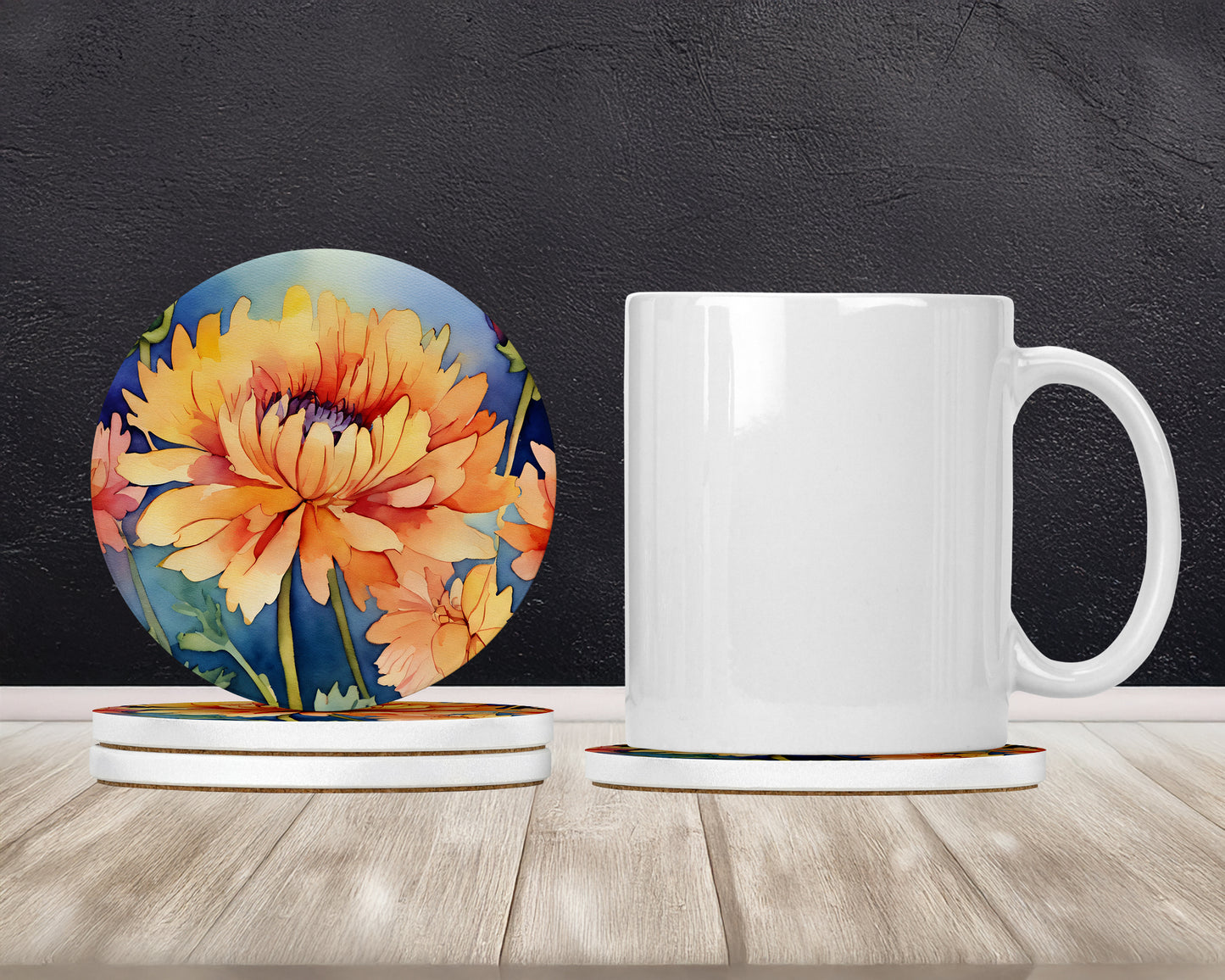 Chrysanthemums in Watercolor Large Sandstone Coasters Pack of 4