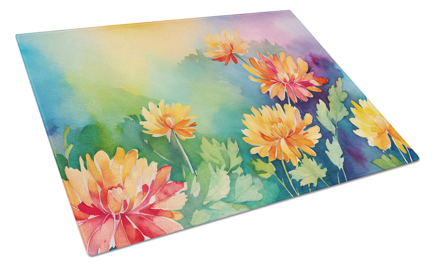 Buy this Chrysanthemums in Watercolor Glass Cutting Board