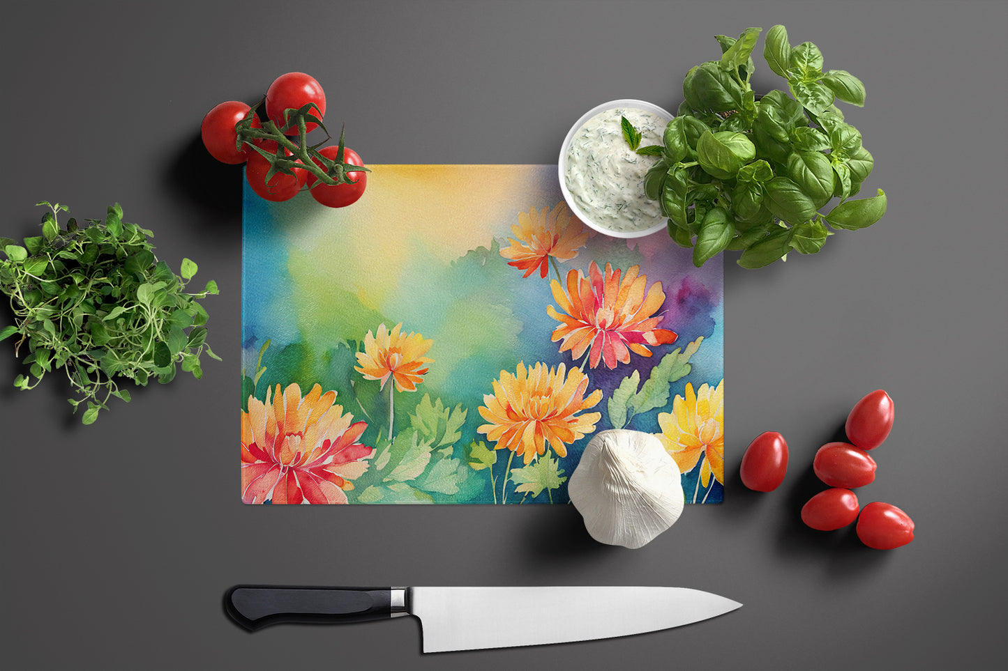 Chrysanthemums in Watercolor Glass Cutting Board