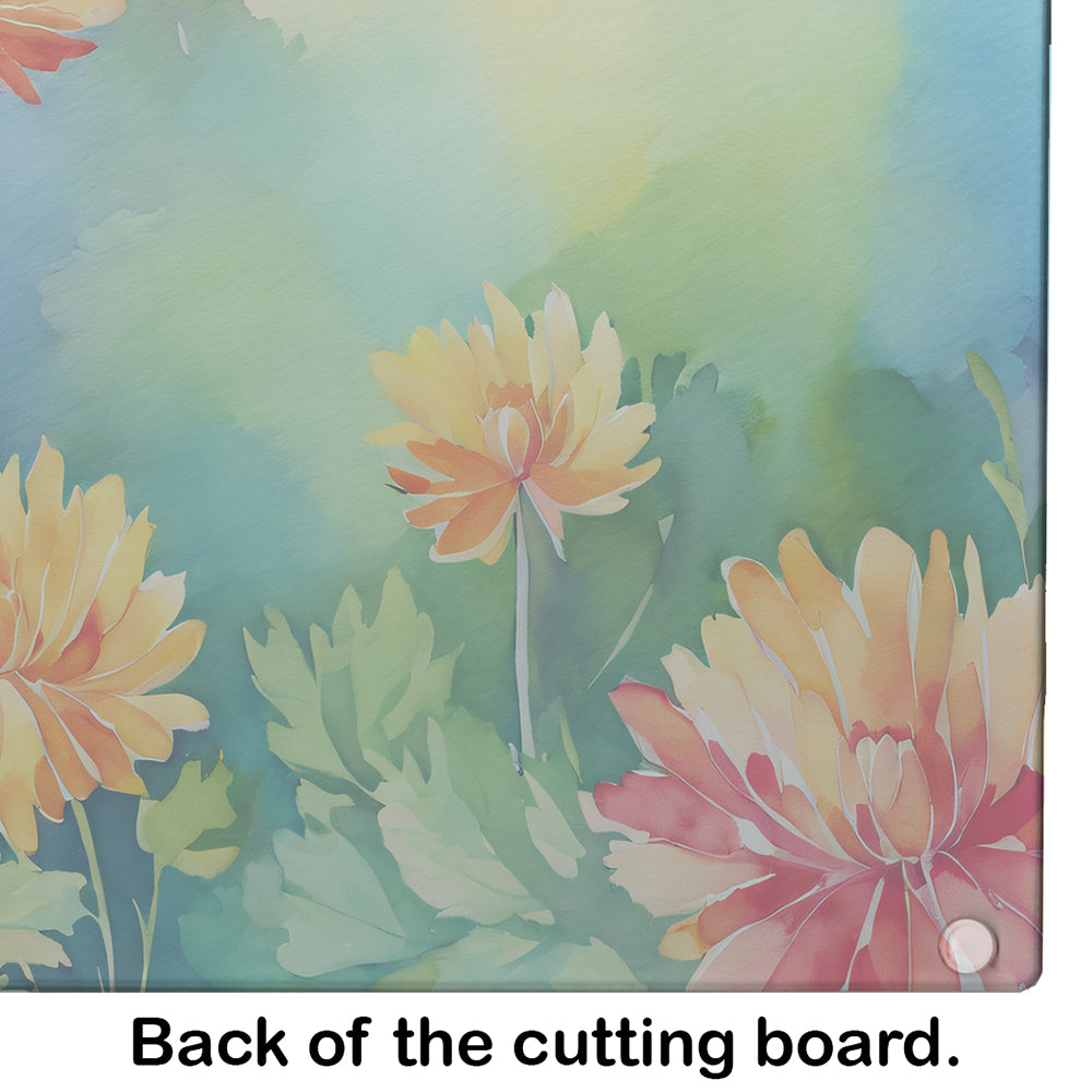 Chrysanthemums in Watercolor Glass Cutting Board