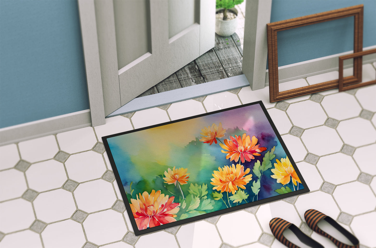 Chrysanthemums in Watercolor Doormat