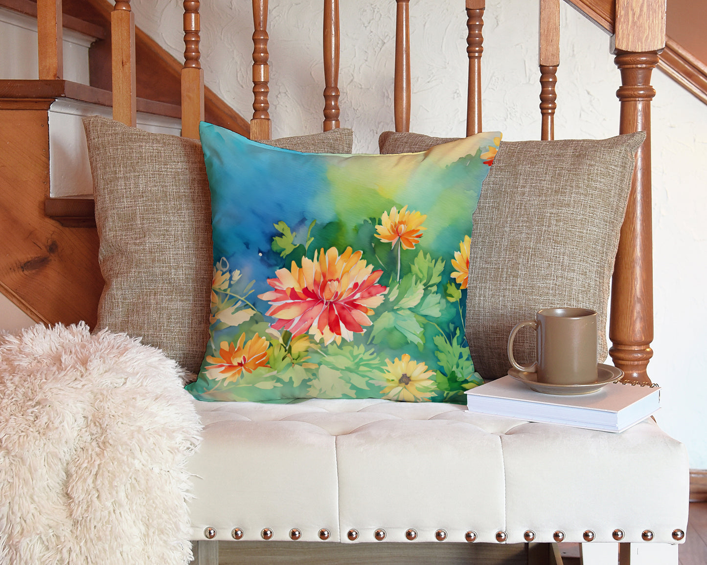 Chrysanthemums in Watercolor Throw Pillow