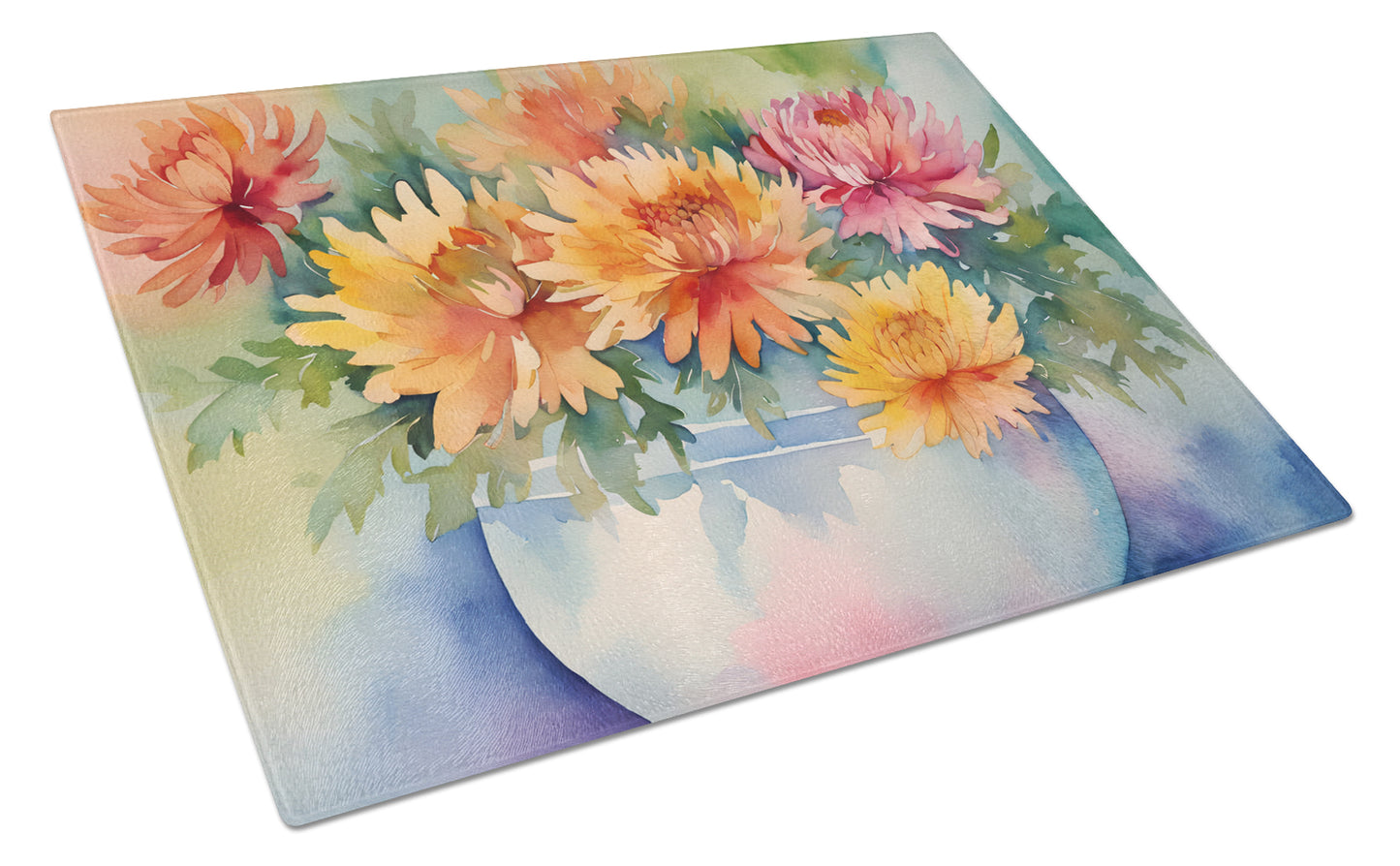 Buy this Chrysanthemums in Watercolor Glass Cutting Board