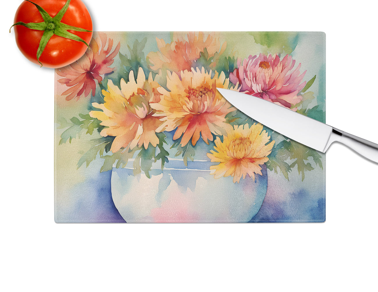 Chrysanthemums in Watercolor Glass Cutting Board