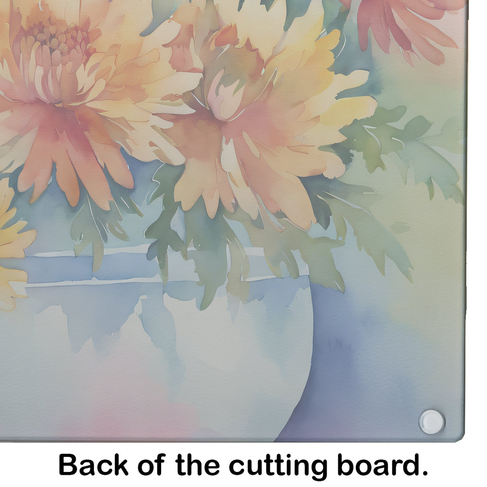 Chrysanthemums in Watercolor Glass Cutting Board