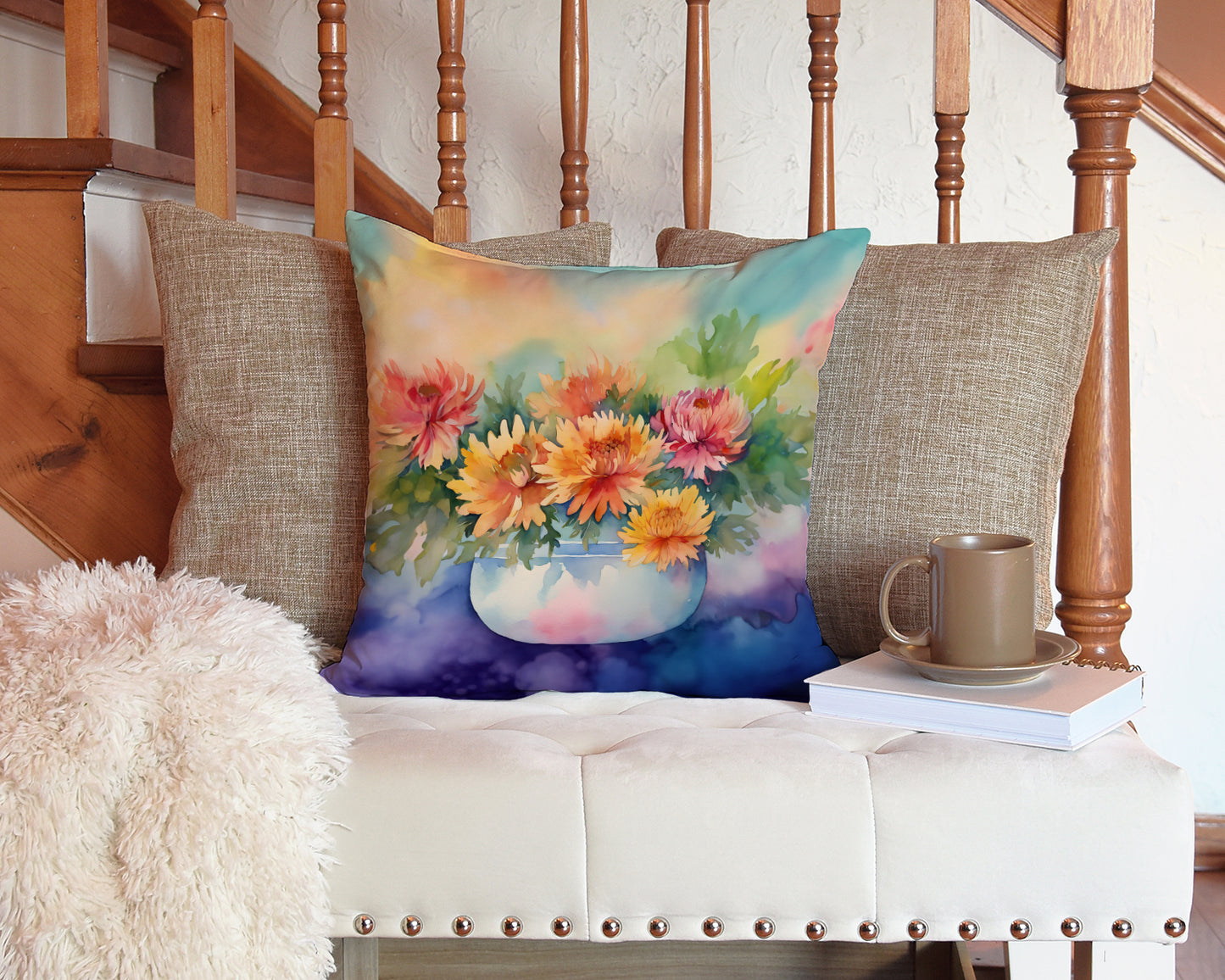 Chrysanthemums in Watercolor Throw Pillow