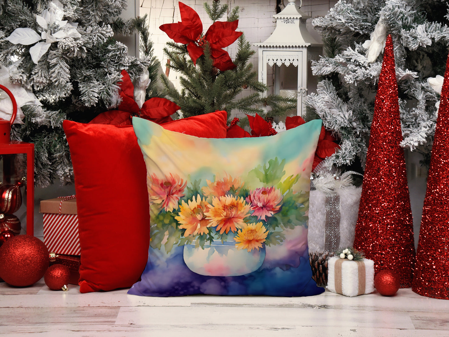 Chrysanthemums in Watercolor Throw Pillow