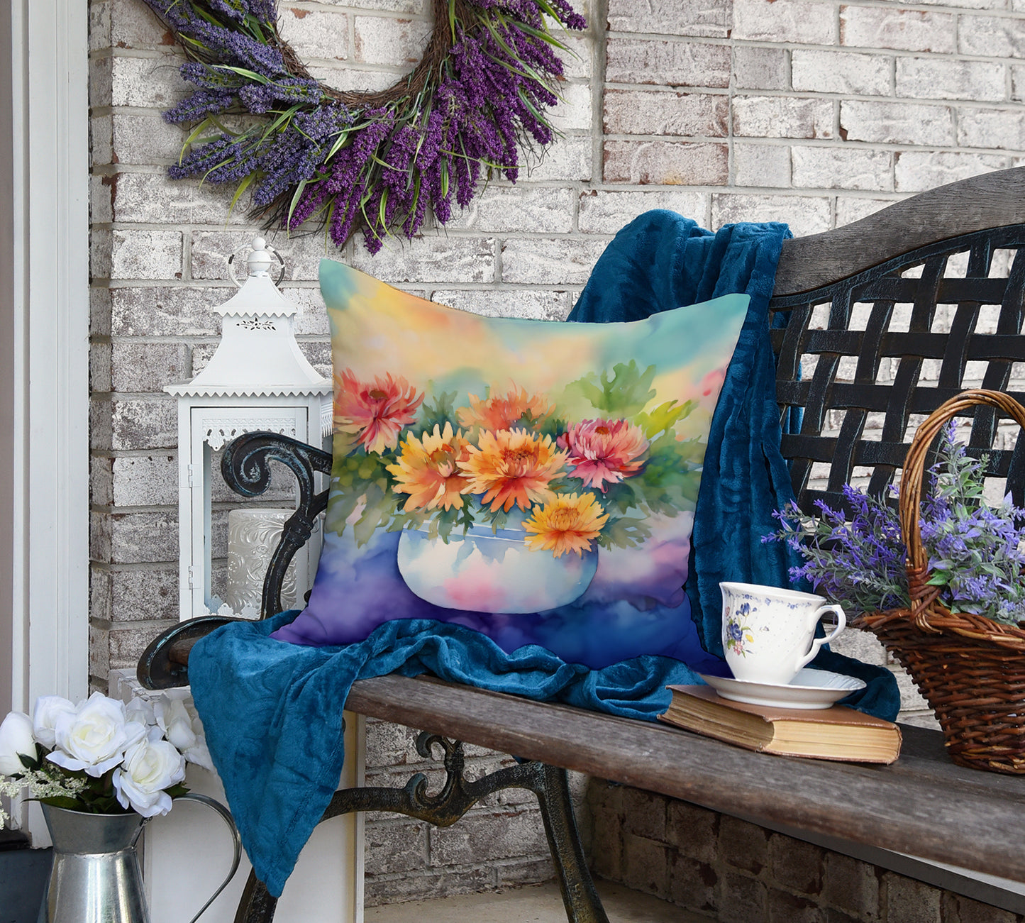 Chrysanthemums in Watercolor Throw Pillow