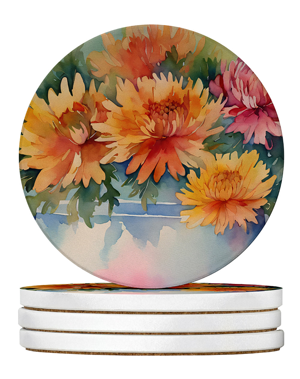Buy this Chrysanthemums in Watercolor Large Sandstone Coasters Pack of 4