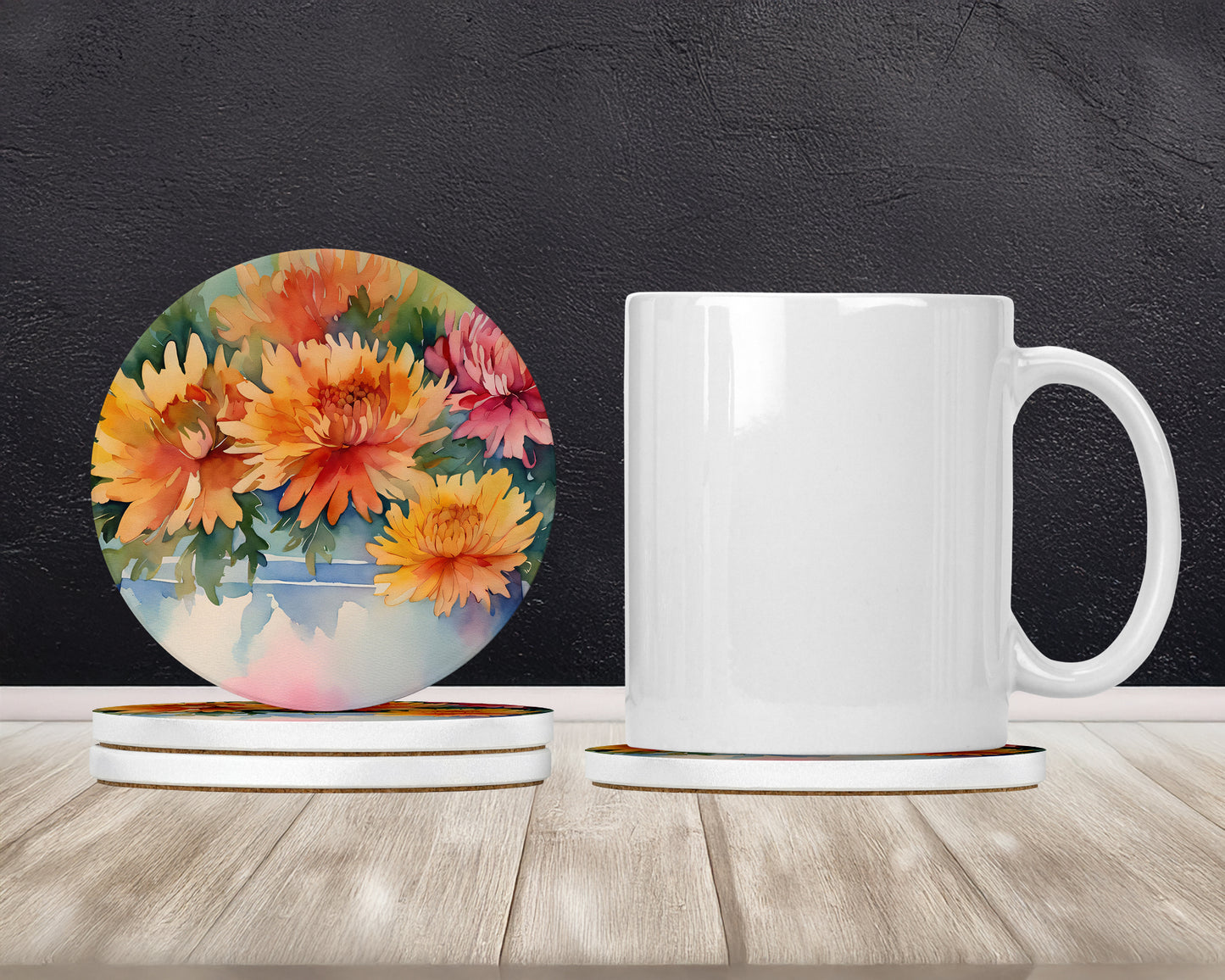 Chrysanthemums in Watercolor Large Sandstone Coasters Pack of 4