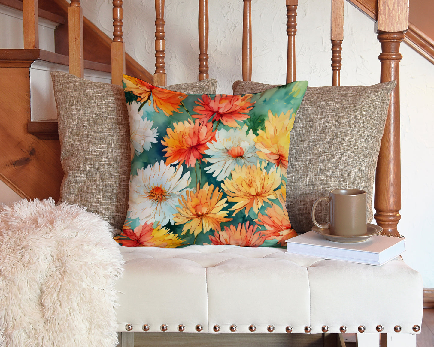 Chrysanthemums in Watercolor Throw Pillow