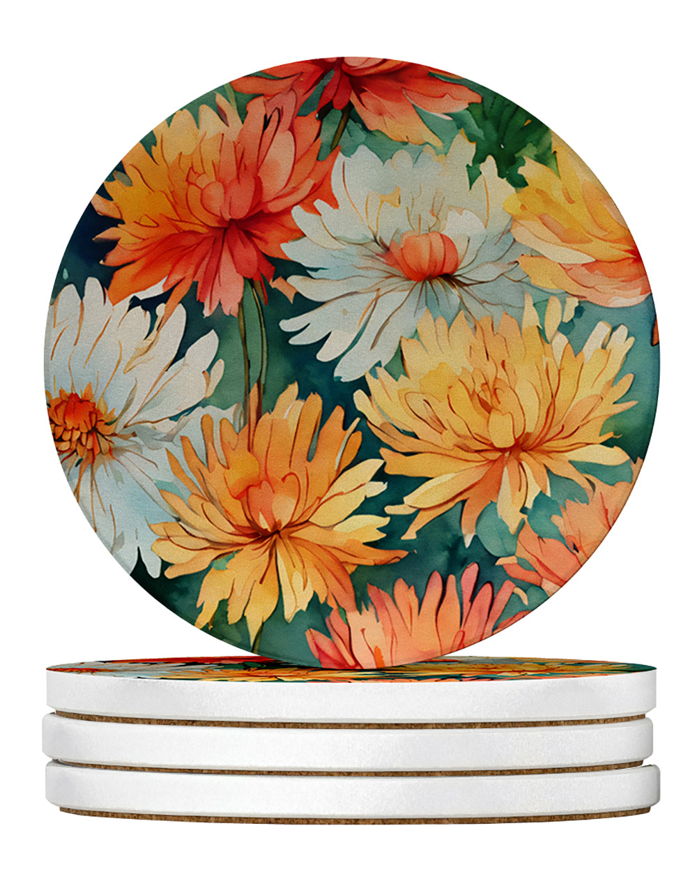 Buy this Chrysanthemums in Watercolor Large Sandstone Coasters Pack of 4