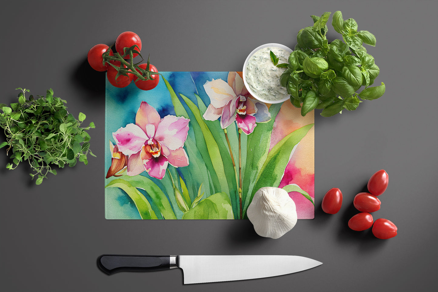 Orchids in Watercolor Glass Cutting Board