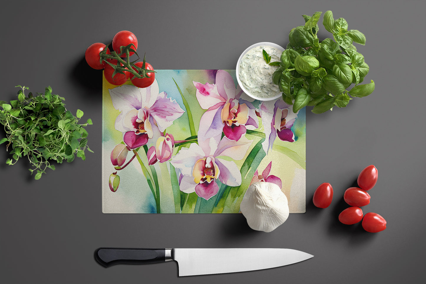 Orchids in Watercolor Glass Cutting Board