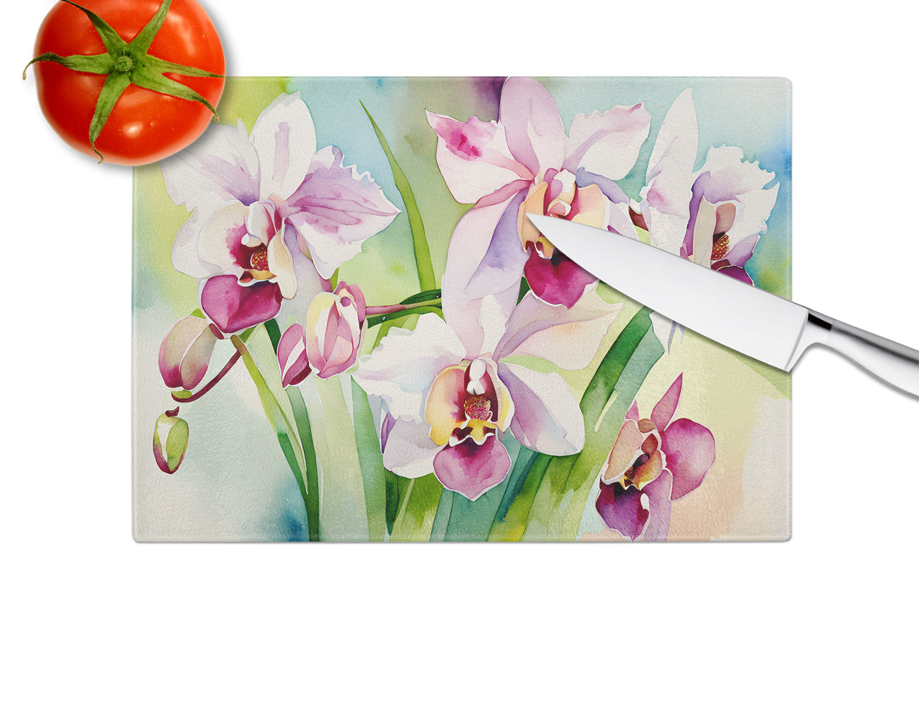 Orchids in Watercolor Glass Cutting Board