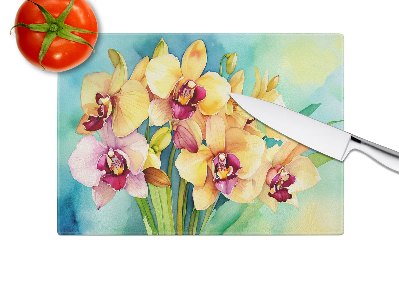 Orchids in Watercolor Glass Cutting Board