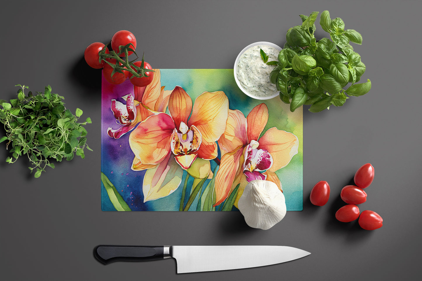 Orchids in Watercolor Glass Cutting Board