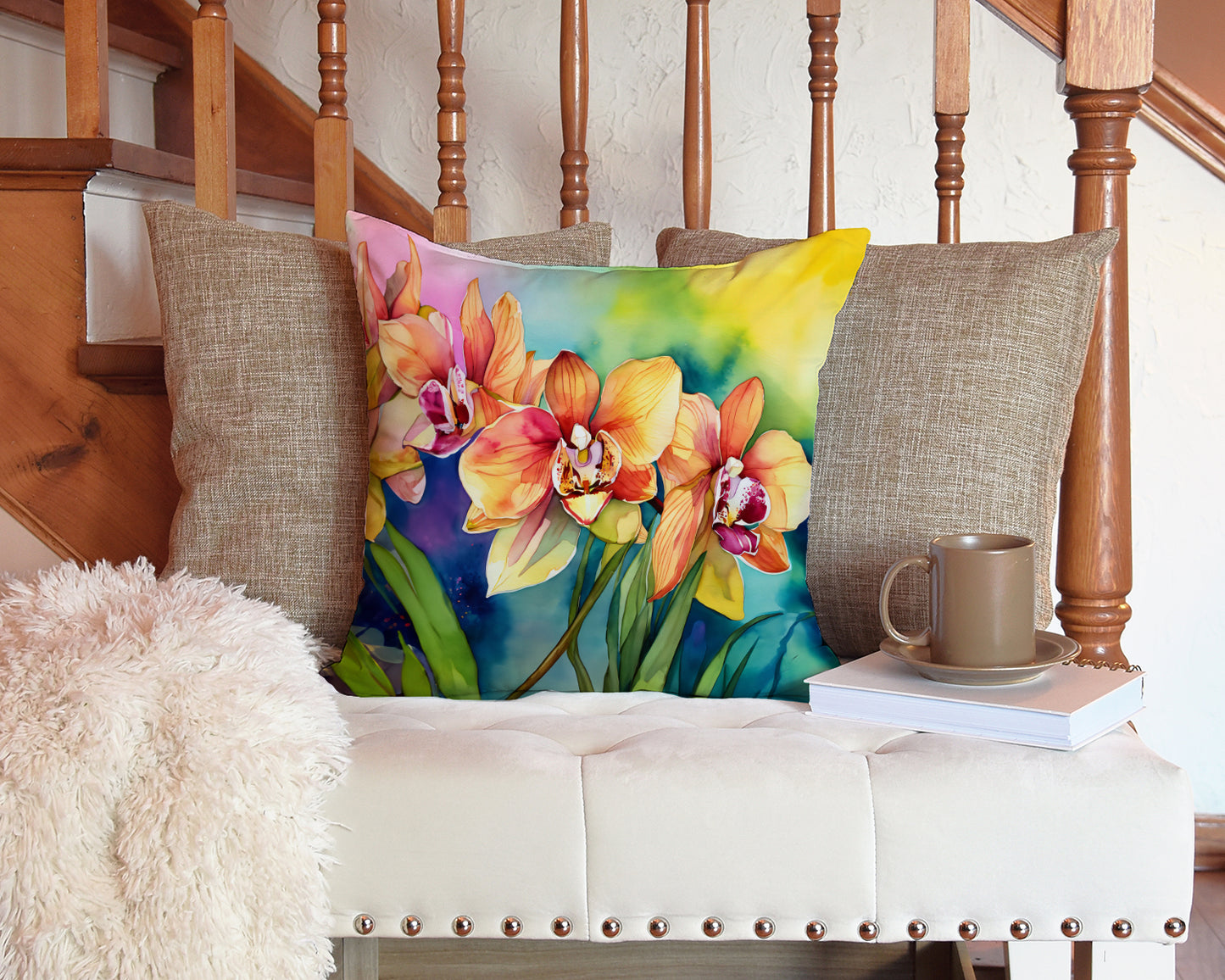 Orchids in Watercolor Throw Pillow