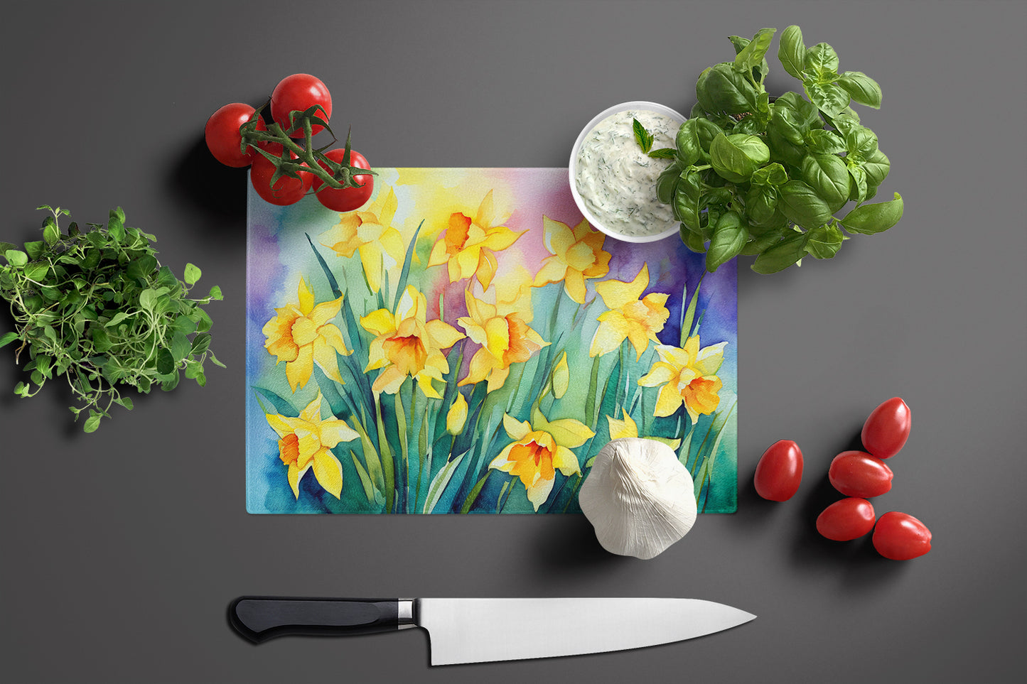 Daffodils in Watercolor Glass Cutting Board