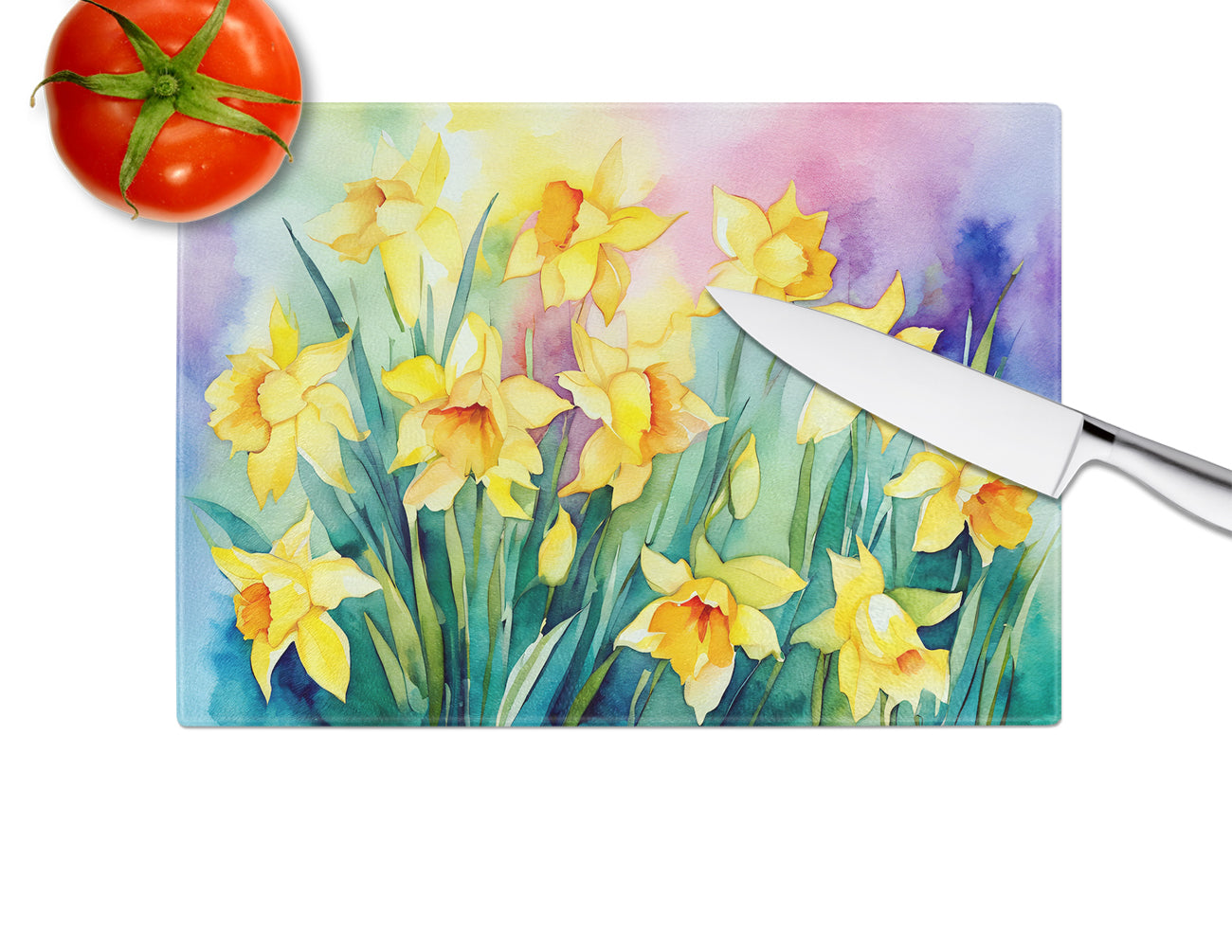 Daffodils in Watercolor Glass Cutting Board