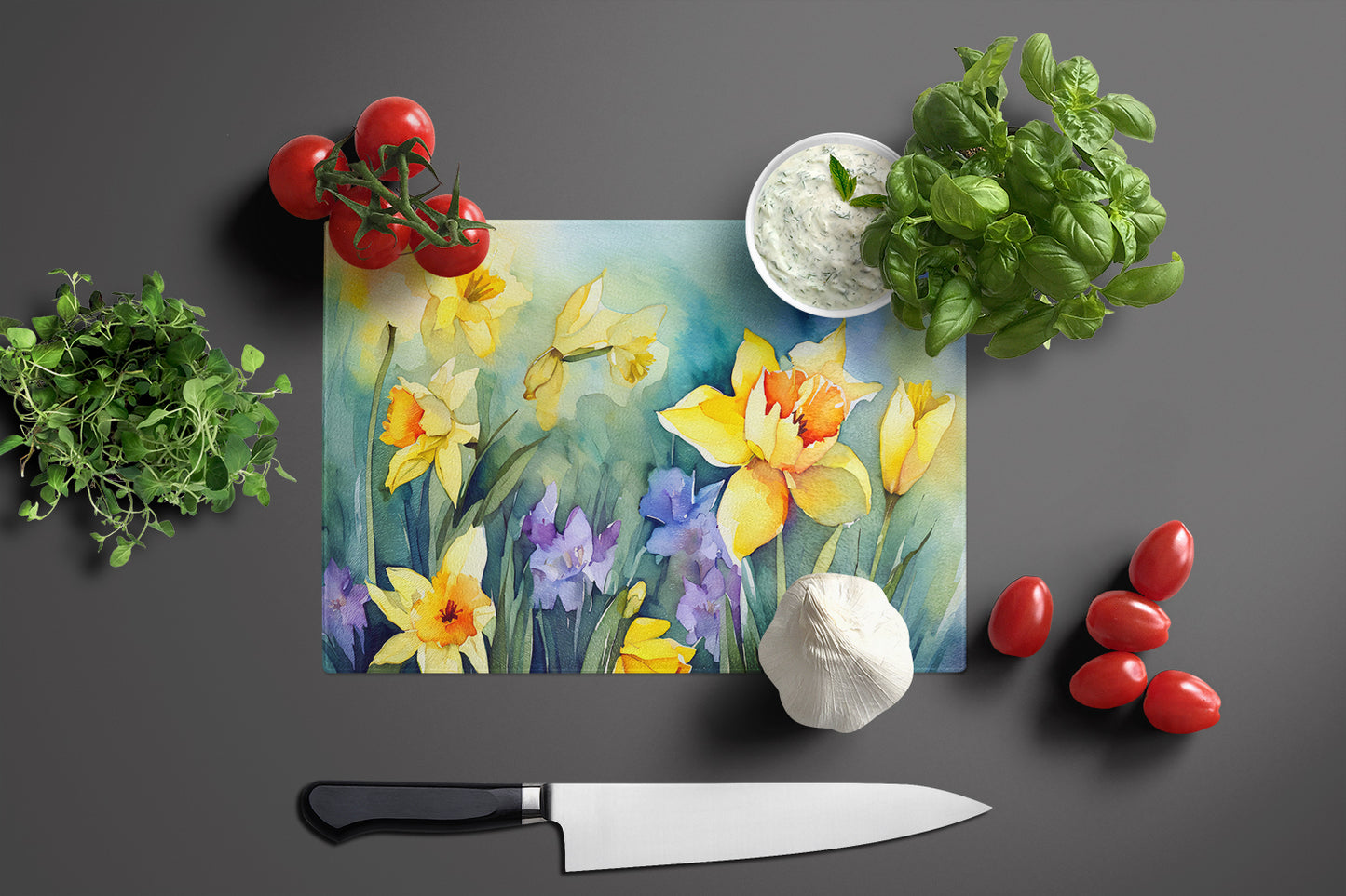 Daffodils in Watercolor Glass Cutting Board